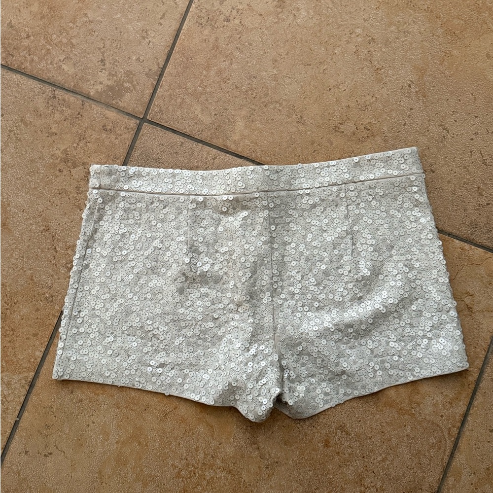 Express High Waist Sequin Silver Shorts - Picture 4 of 6